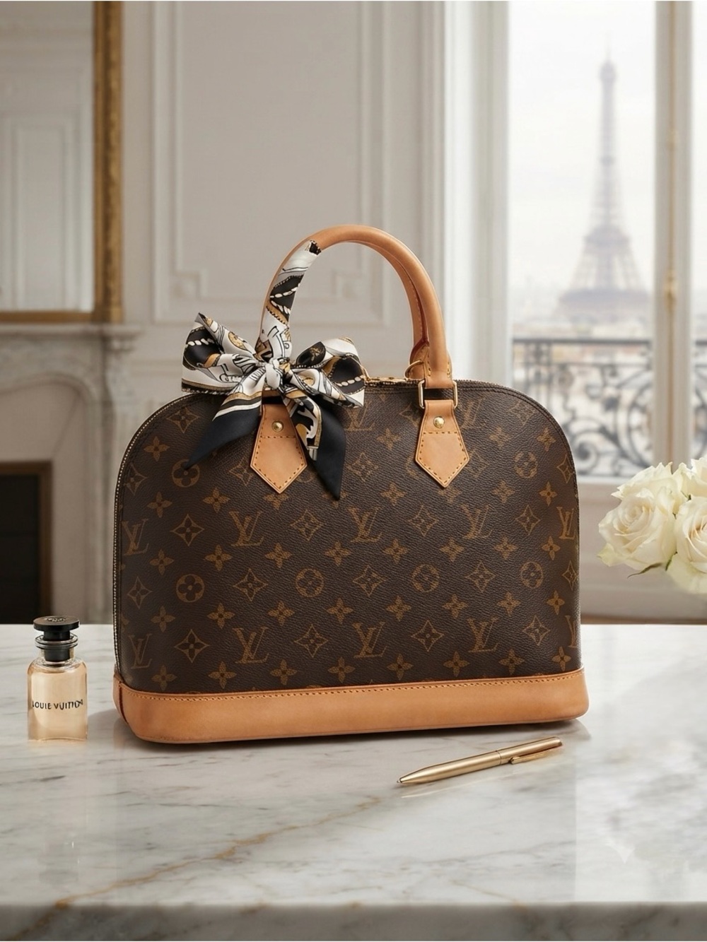 Louis Vuitton Monogram Alma Satchel with Black & Gold Scarf